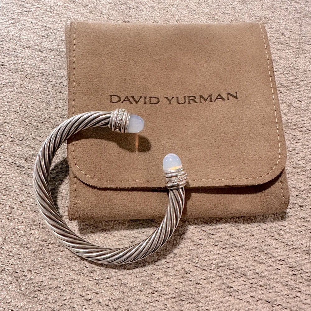David Yurman Silver 7 mm Cable Bracelet with White Accents diamonds n moonstone